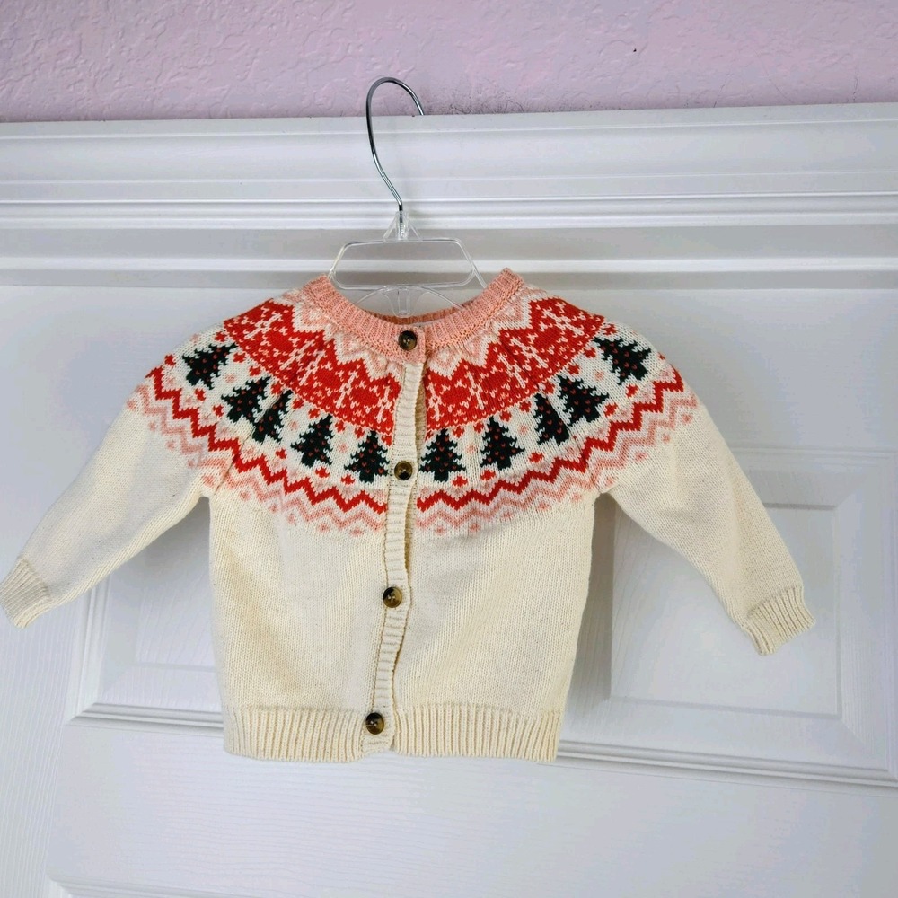 Christmas Tree Fair Isle Cardigan‎ Baby Size 6M Cotton Starting Out Button Up